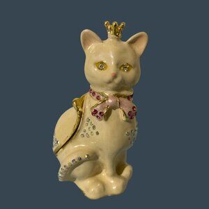Queen Princess Cat Enamel Trinket Box With Crown And Rhinestone Details